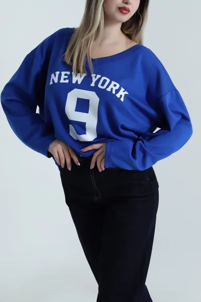 Saks Mavisi Baskılı V Yaka Vortex Kadın Bluz 487902