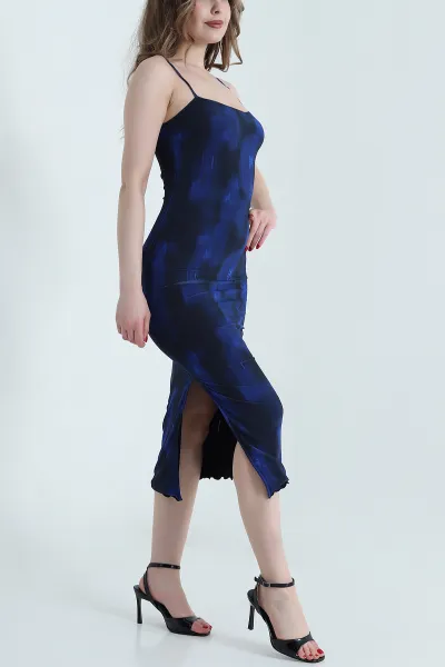 Saks Mavisi Batik Baskılı Tül Kadın Elbise 459301