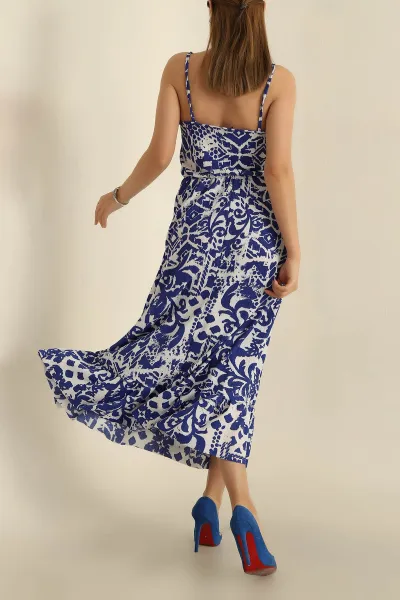 Saks Mavisi Bel Lastikli Askılı Boncuklu Crep Elbise 262132