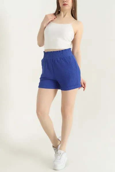 Saks Mavisi Bel Lastikli Cepli Duble Paça Kadın Şort 341661