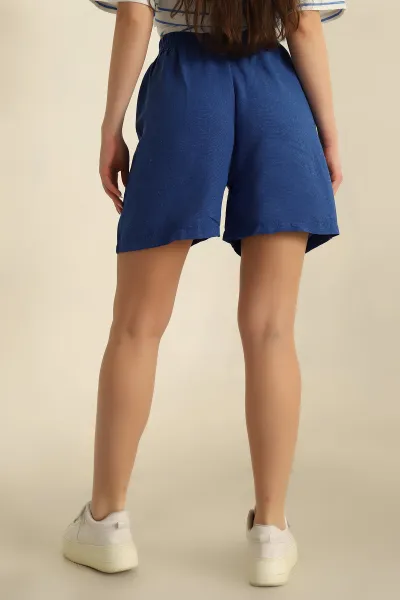 Saks Mavisi Bel Lastikli Keten Şort 259169