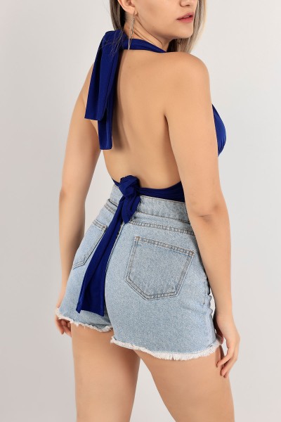 Saks Mavisi Bel ve Boyun Bağlamalı Sendy Bluz 117837