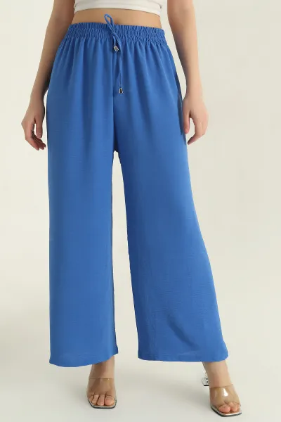 Saks Mavisi Beli Lastikli Aerobin Palazzo Kadın Pantolon 350649