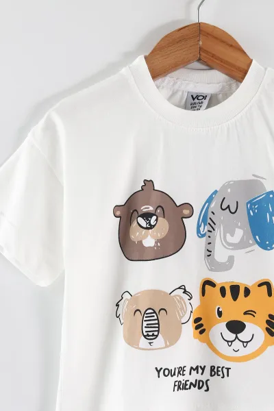 Saks Mavisi Beyaz (0-4 Yaş) Fil ve Koala Baskılı Şortlu Erkek Çocuk Yazlık Takım 459846