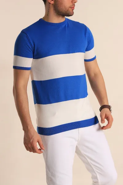 Saks Mavisi Beyaz Geniş Çizgili Slim Fit Erkek Triko Tişört 260935