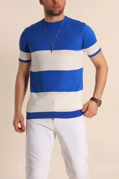 Saks Mavisi Beyaz Geniş Çizgili Slim Fit Erkek Triko Tişört 260935
