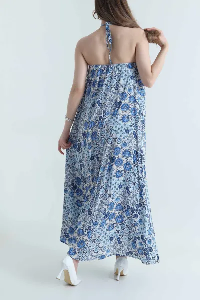 Saks Mavisi Boyun Bağlamalı Modal Kadın Elbise 464780
