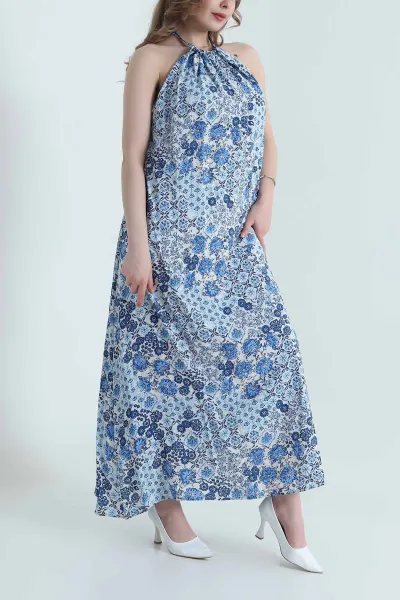 Saks Mavisi Boyun Bağlamalı Modal Kadın Elbise 464780