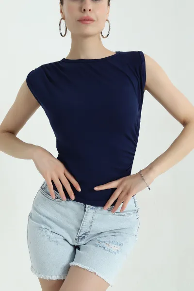 Saks Mavisi Büzgülü Likralı Viskon Kumaş Bisiklet Yaka Kadın Bluz 365585