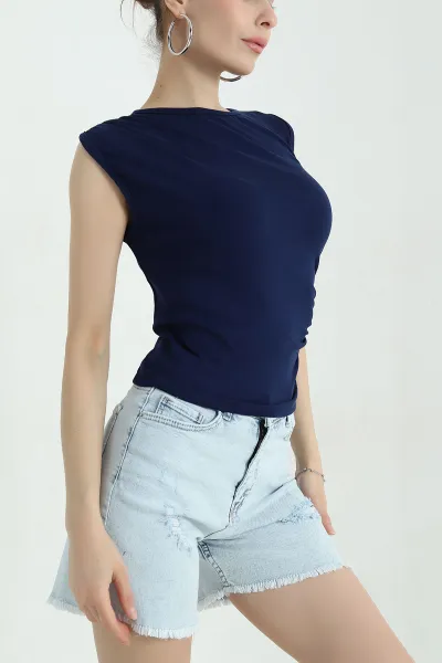 Saks Mavisi Büzgülü Likralı Viskon Kumaş Bisiklet Yaka Kadın Bluz 365585