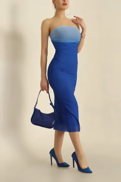 Saks Mavisi Büzgülü Tül Elbise 254148
