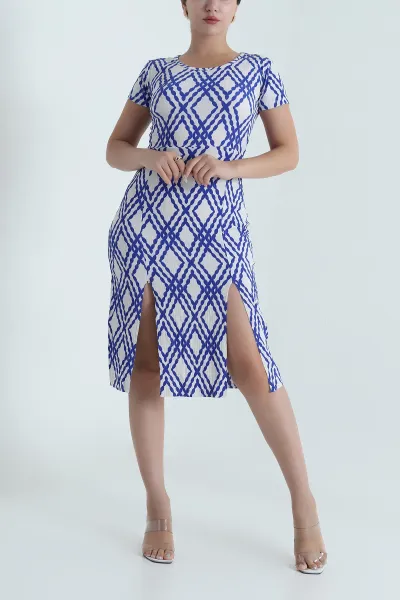 Saks Mavisi Çift Yırtmaçlı Krinkıl Kadın Elbise 481617