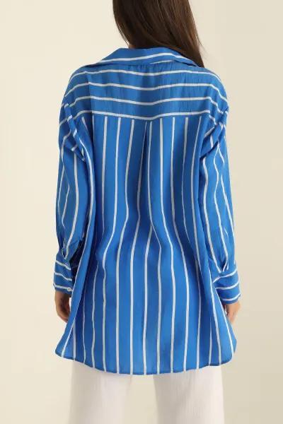 Saks Mavisi Çizgili Aerobin Tunik Gömlek 279806