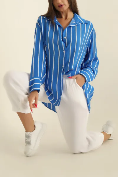 Saks Mavisi Çizgili Aerobin Tunik Gömlek 279806
