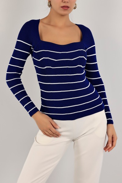 Saks Mavisi Çizgili Bayan Triko Kazak 133998