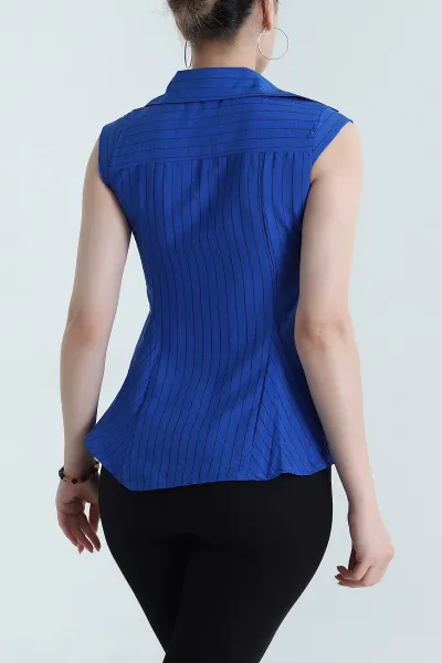 Saks Mavisi Çizgili Dokuma Kadın Gömlek 473312