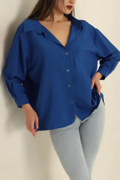 Saks Mavisi Çizgili Dokuma Oversize Bayan Gömlek 269894