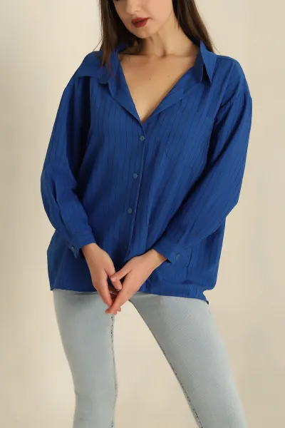 Saks Mavisi Çizgili Dokuma Oversize Bayan Gömlek 269894