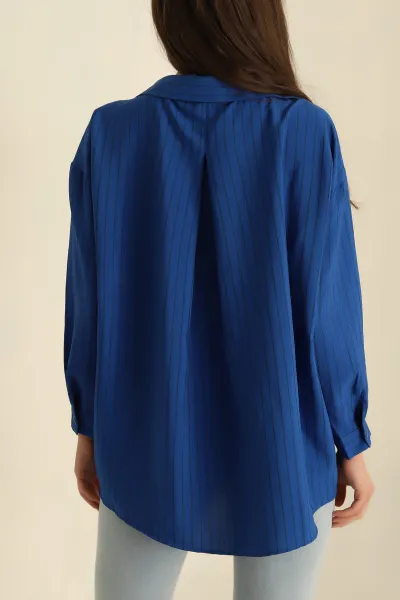 Saks Mavisi Çizgili Dokuma Oversize Bayan Gömlek 269894