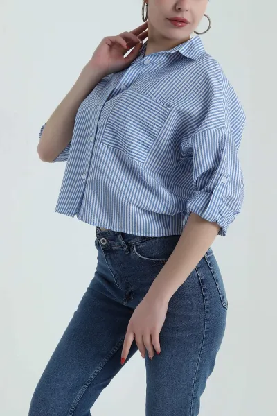Saks Mavisi Çizgili Gofre Kadın Gömlek 428578