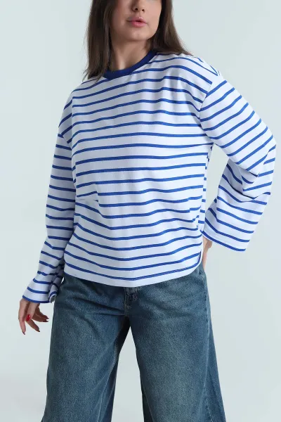 Saks Mavisi Çizgili İki İp Kadın Fermuarsız Sweat 494430