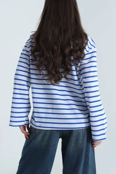 Saks Mavisi Çizgili İki İp Kadın Fermuarsız Sweat 494430