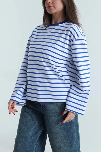 Saks Mavisi Çizgili İki İp Kadın Fermuarsız Sweat 494430