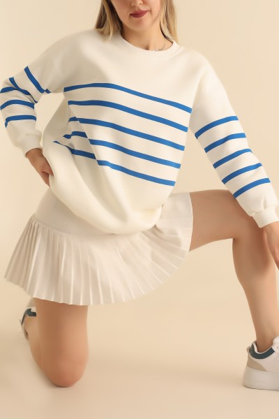 Saks Mavisi Çizgili Şardonlu Bayan Sweat 217580
