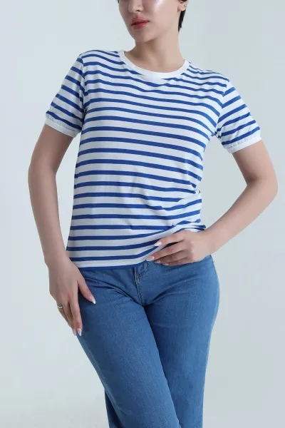 Saks Mavisi Çizgili Viskon Kadın Tişört 457783