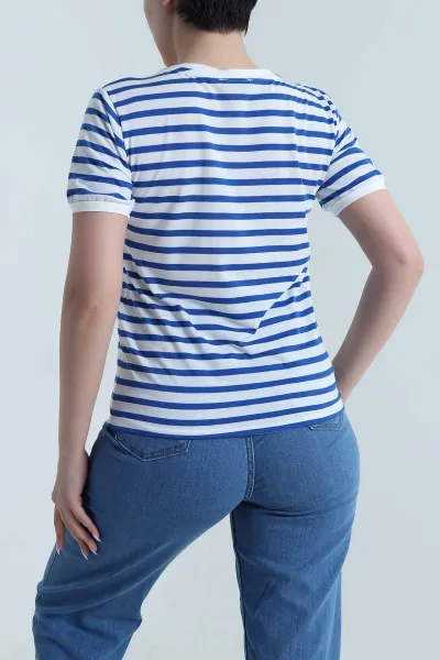 Saks Mavisi Çizgili Viskon Kadın Tişört 457783