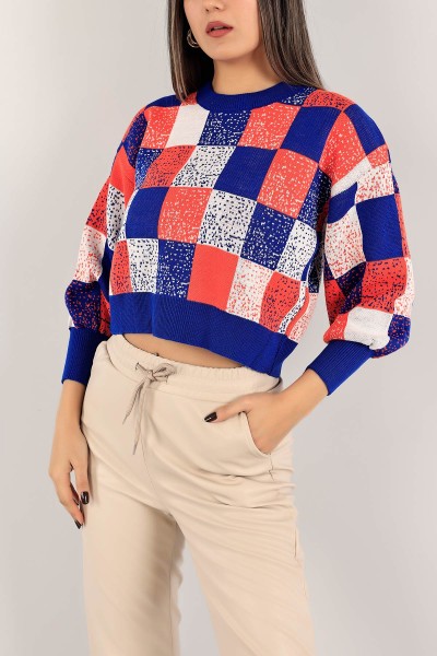 Saks Mavisi Damalı Bayan Triko Kazak 140638