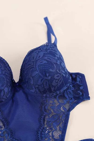 Saks Mavisi Dantel İşlemeli Destekli Bodysuit 374871