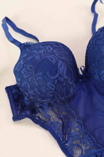 Saks Mavisi Dantel İşlemeli Desteksiz Bodysuit 380096