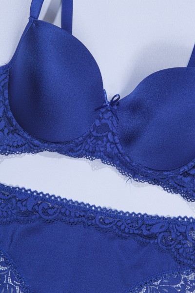 Saks Mavisi Dantelli Desteksiz C Cup Mikro Sütyen Takımı 215535