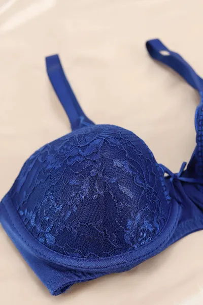 Saks Mavisi Dantelli Tüllü C Cup Desteksiz Sütyen Takımı 321787
