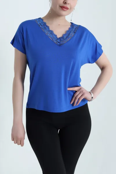 Saks Mavisi Dantelli Yaka Viskon Kadın Bluz 454391