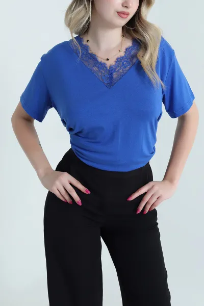 Saks Mavisi Dantelli Yaka Viskon Kadın Bluz 463333