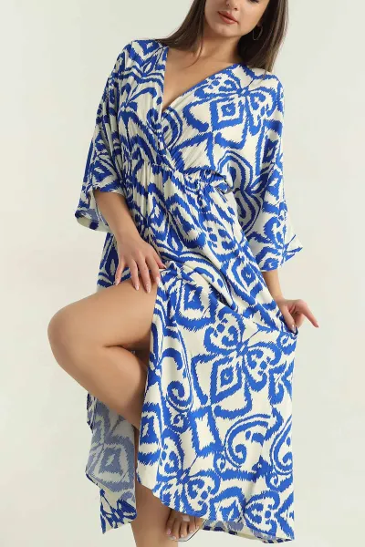 Saks Mavisi Desenli Dokuma Viskon Elbise 375598