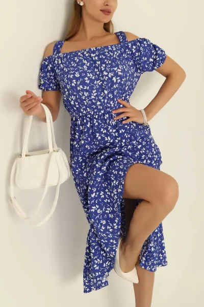 Saks Mavisi Desenli Seul Kumaş Elbise 278349