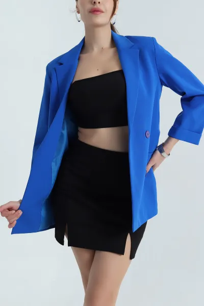 Saks Mavisi Duble Kol Astarlı Kadın Ceket 387258