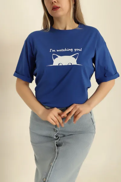 Saks Mavisi Duble Kol Baskılı Bayan Tişört 266410