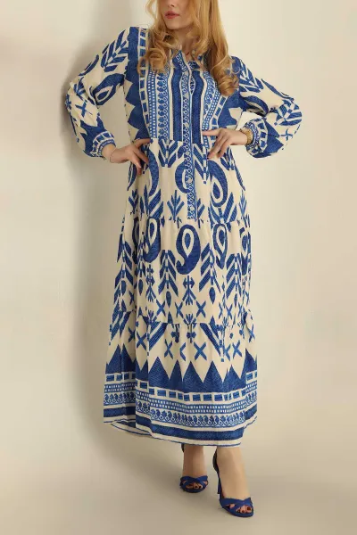 Saks Mavisi Düğmeli Desenli Dokuma Viskon Elbise 273546