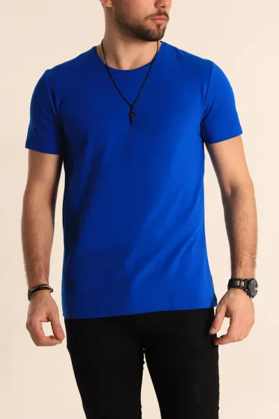 Saks Mavisi Düz Kesim Basic Erkek Tişört 172956