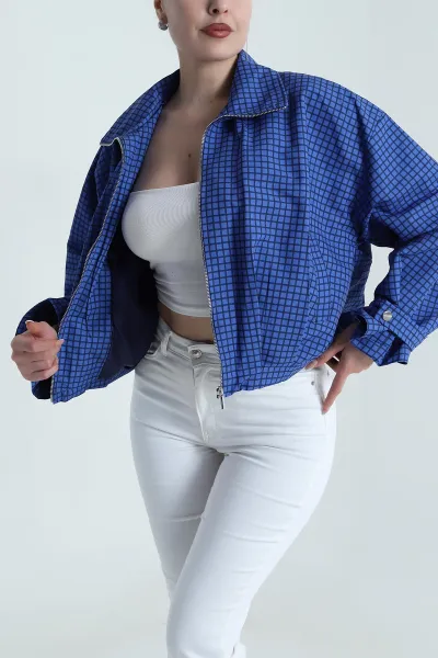 Saks Mavisi Ekose Bomber Kadın Mevsimlik Mont 493902