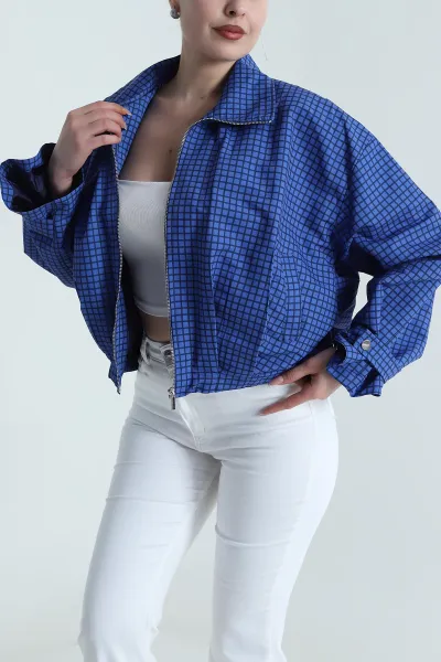 Saks Mavisi Ekose Bomber Kadın Mevsimlik Mont 493902