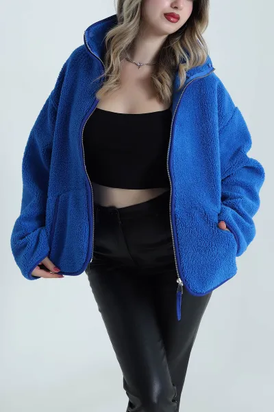 Saks Mavisi Fermuarlı Cepli Kadın Polar 492629