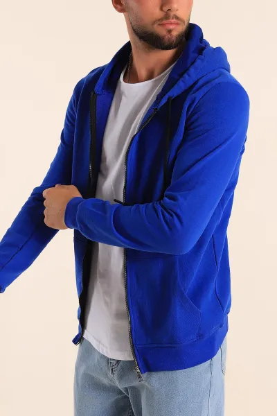 Saks Mavisi Fermuarlı Kapüşonlu Erkek Sweatshirt 236554