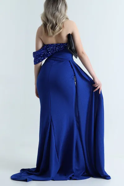 Saks Mavisi Fermuarlı Pullu Simli Crep Kadın Abiye 466036