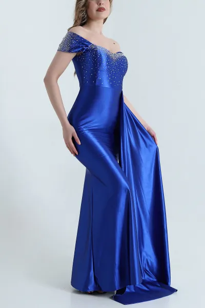 Saks Mavisi Fermuarlı Taşlı Saten Kadın Abiye 468682