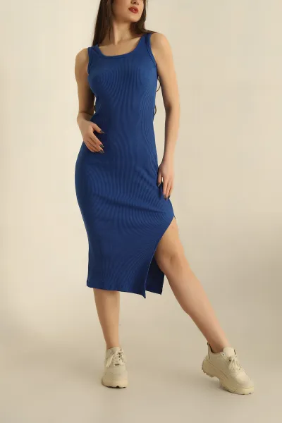 Saks Mavisi Fitilli Yırtmaçlı Kolsuz Elbise 252881